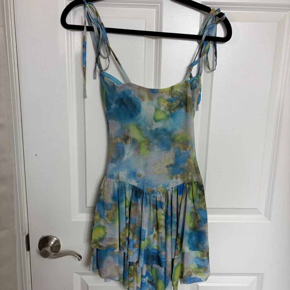 New Pink Girls Watercolor Floral Mesh Romper Dress Blue Green Tiered Ruffle L